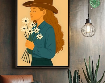 Lámina de vaquera con margaritas / Arte de chica western, decoración bohemia (descarga digital)