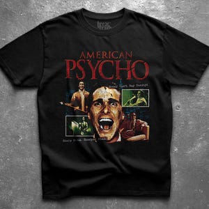 American Psycho T-shirt, Patrick Bateman skräckfilmströja, kultfilmsgrafiktröja, mörk estetisk vintage-skräckkollagetröja, bootleg-tröja