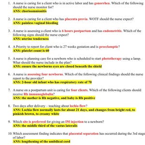 Puede incluir: Documento titulado "ATI Maternal Newborn Proctored Review Questions" y "ETSY Sample Proctored Questions". Contiene preguntas y respuestas de opción múltiple sobre enfermería materna y neonatal, con respuestas resaltadas.