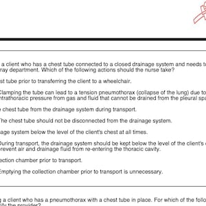 Op de afbeelding: Een wit document met zwarte tekst, met meerkeuzevragen en antwoorden over verpleegkundige zorg. Het ATI Nursing Education-logo staat rechtsboven. De vragen gaan over borstbuizen en pneumothorax.