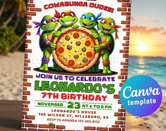 Ninja Turtles Birthday Invitation – Editable Canva Template for Ninjas Turtle Party. Digital or Printable Cowabunga Invite Card