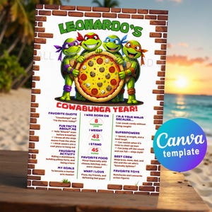 May include: A colorful poster featuring the Teenage Mutant Ninja Turtles holding a pizza. The poster includes text about Leonardo, his favorite things, and measurements of 45 inches tall and 43 pounds. The background is a brick wall.