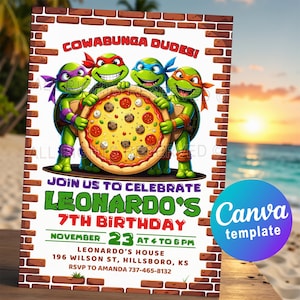 Ninja Turtles Birthday Invitation – Editable Canva Template for Ninjas Turtle Party. Digital or Printable Cowabunga Invite Card