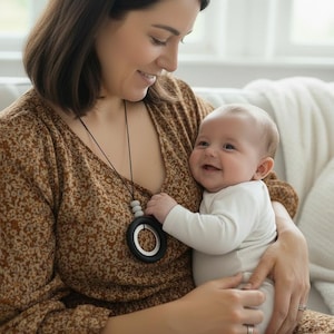 Black and steel ring nursing necklace, stainless steel necklace, black ring silicon fidget necklace, necklace for mums, sensory necklace