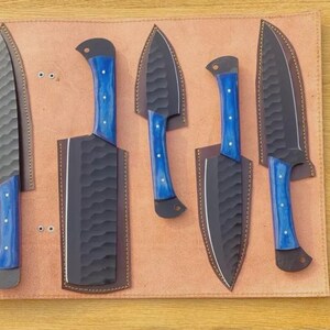 Hand Forged Damascus Chef Knife Set Handmade kitchen Knives Set 5 Pcs With Bag Gift For Her Birthday Gift Anniversary Gift Christmas