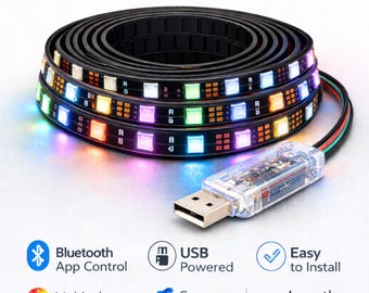 Tira de luces LED RGB, controlada por aplicación, 6 metros, alimentación USB, ideal para decoración de salas de estar y videojuegos.