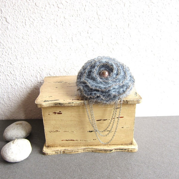 Gray Flower Brooch, Fluffy Crocheted Flower Brooch with Chain and Ceramic big bead,  Hair Clip