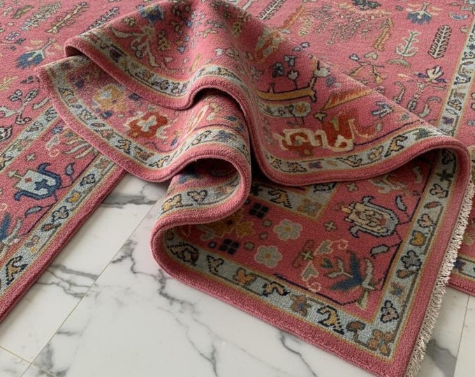 Featured listing image: Artisan Pink Wool Rug - Handcrafted Turkish Oushak with Bohemian Flair, Ideal for Bedroom and Living Room Decor Turkish-Inspired Pink Flor