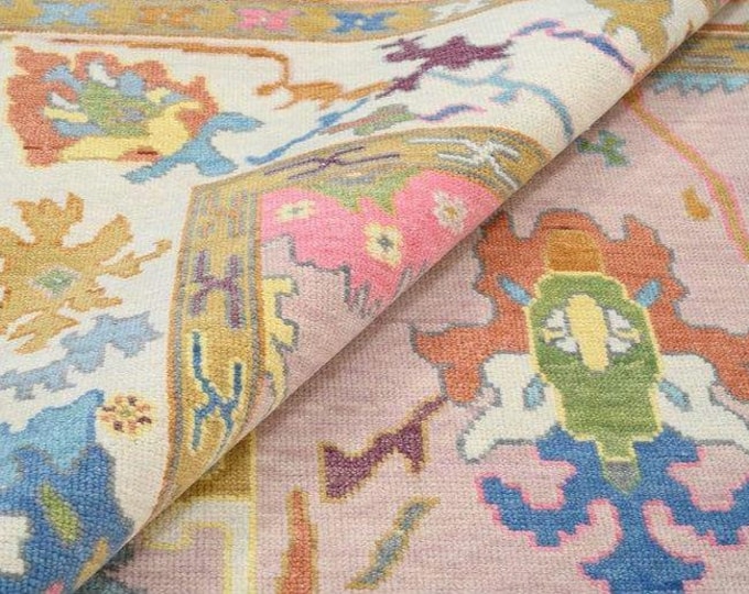 Featured listing image: Turkish Beauty: 8x10 Oushak Wool Rug in Pastel Pink Multicolor Elegant Vintage Style for Stylish Boho Decor in Any Room baby pink Rug