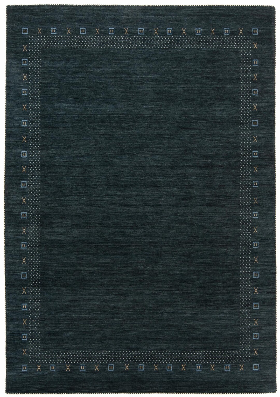 Handloom Gabbeh Wool Rug – Deep Teal Minimal Tribal Border Carpet ...