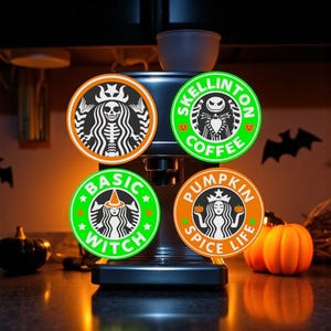 May include: A coffee machine with four Halloween-themed coffee pod designs. The pods feature a skeleton, Jack Skellington, a witch, and a pumpkin spice design. The pods are orange and green with the Starbucks logo.