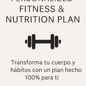 Może przedstawiać: Białe tło z czarnym napisem "PERSONALIZED FITNESS & NUTRITION PLAN". Poniżej czarna ikona hantli. Zawiera również tekst "Zmień swoje ciało i nawyki dzięki planowi stworzonemu w 100% dla Ciebie".