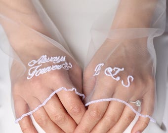 Personalized Embroidered Tulle Bridal Gloves, Wedding Keepsake