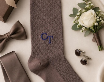 Embroidered Monogram Wedding Socks, Groomsmen Gift, Personalized Initial Socks for Men, Custom Dress Socks, Groom Gift, Best Man Gift