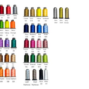 May include: A collection of embroidery thread spools arranged in rows, each labeled with a color name and numerical code. The palette includes various shades of red, pink, blue, green, brown, orange, yellow, purple, metallic tones, black, and white.