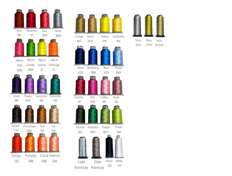 May include: A collection of embroidery thread spools arranged in rows, each labeled with a color name and numerical code. The palette includes various shades of red, pink, blue, green, brown, orange, yellow, purple, metallic tones, black, and white.