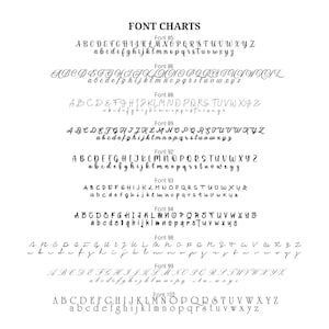 May include: A black and white font chart displaying ten distinct alphabet styles labeled Font 85, 86, 88, 89, 92, 93, 94, 98, 99, and 102. Each entry features uppercase and lowercase letters in various calligraphic, script, and decorative typefaces.
