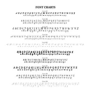 May include: A black and white font chart displaying eleven distinct alphabet styles labeled Font 37, 39, 43, 54, 63, 64, 72, 76, 78, and 79. Each entry features uppercase and lowercase letters in various calligraphic, serif, and sans-serif typefaces.