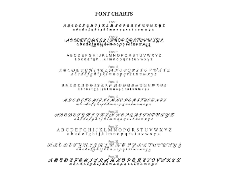 May include: A black and white font chart displaying ten distinct alphabet styles labelled Font 1, 2, 7, 11, 13, 19, 22, 27, 35, and 36. Each entry includes both uppercase and lowercase letters in various calligraphic, serif, and gothic typefaces.