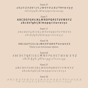 May include: A chart displaying seven distinct black font styles on a light beige background. Each style is labeled with a number from 37 to 70 and shows the full uppercase and lowercase alphabet, except for Font 74, which lacks lowercase letters.