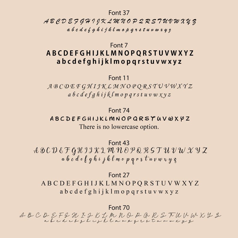 May include: A chart displaying seven distinct black font styles on a light beige background. Each style is labeled with a number from 37 to 70 and shows the full uppercase and lowercase alphabet, except for Font 74, which lacks lowercase letters.