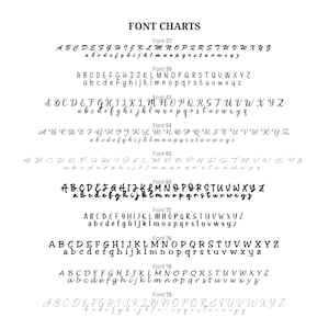 May include: A black and white font chart displaying ten distinct alphabet styles labelled Font 37, 39, 43, 54, 63, 64, 72, 76, 78, and 79. Each entry features both uppercase and lowercase letters in various calligraphic, serif, and sans-serif typefaces.