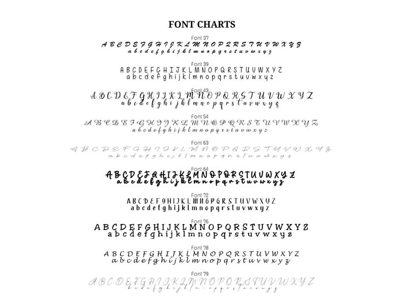 May include: A black and white font chart displaying ten distinct alphabet styles labelled Font 37, 39, 43, 54, 63, 64, 72, 76, 78, and 79. Each entry features both uppercase and lowercase letters in various calligraphic, serif, and sans-serif typefaces.