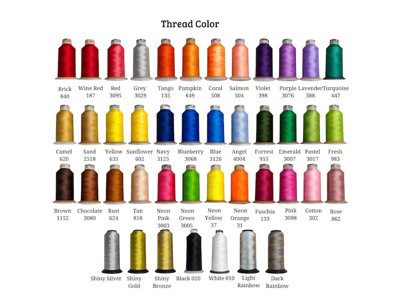 May include: A colour chart displaying forty-five spools of embroidery thread arranged in rows. Each spool is labelled with a colour name and a numerical code. The palette includes a wide range of shades from bright neons to neutrals and metallics.