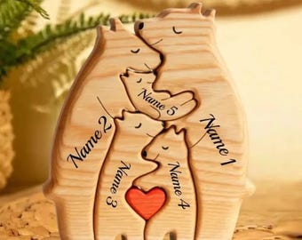 Casse-tête personnalisé en bois pour la famille des ours - Câlins personnalisés avec des noms d'ours - Cadeau souvenir de famille pour les parents, la maman ou le papa