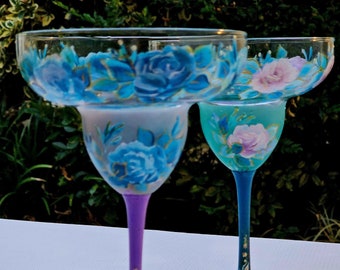 Set of two lead free crystal Painted Margarita glasses with pink and blue roses, handmade pretty drinkware, Margarita fun glasses