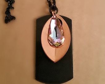 Bojo black metal Dog Tag Necklace, 3 layer oblong dog tag, copper leaf and Large Swarovski crystal teardrop, handcrafted Deco Art jewelry