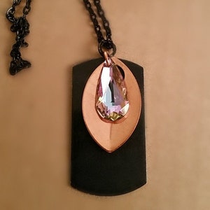 Bojo black metal Dog Tag Necklace, 3 layer oblong dog tag, copper leaf and Large Swarovski crystal teardrop, handcrafted Deco Art jewelry image 1