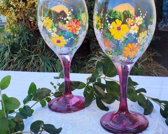 Painted Set of two purple stemmed crystal wine glasses, handmade champagne multicolored wildflowers with lights, table decoration