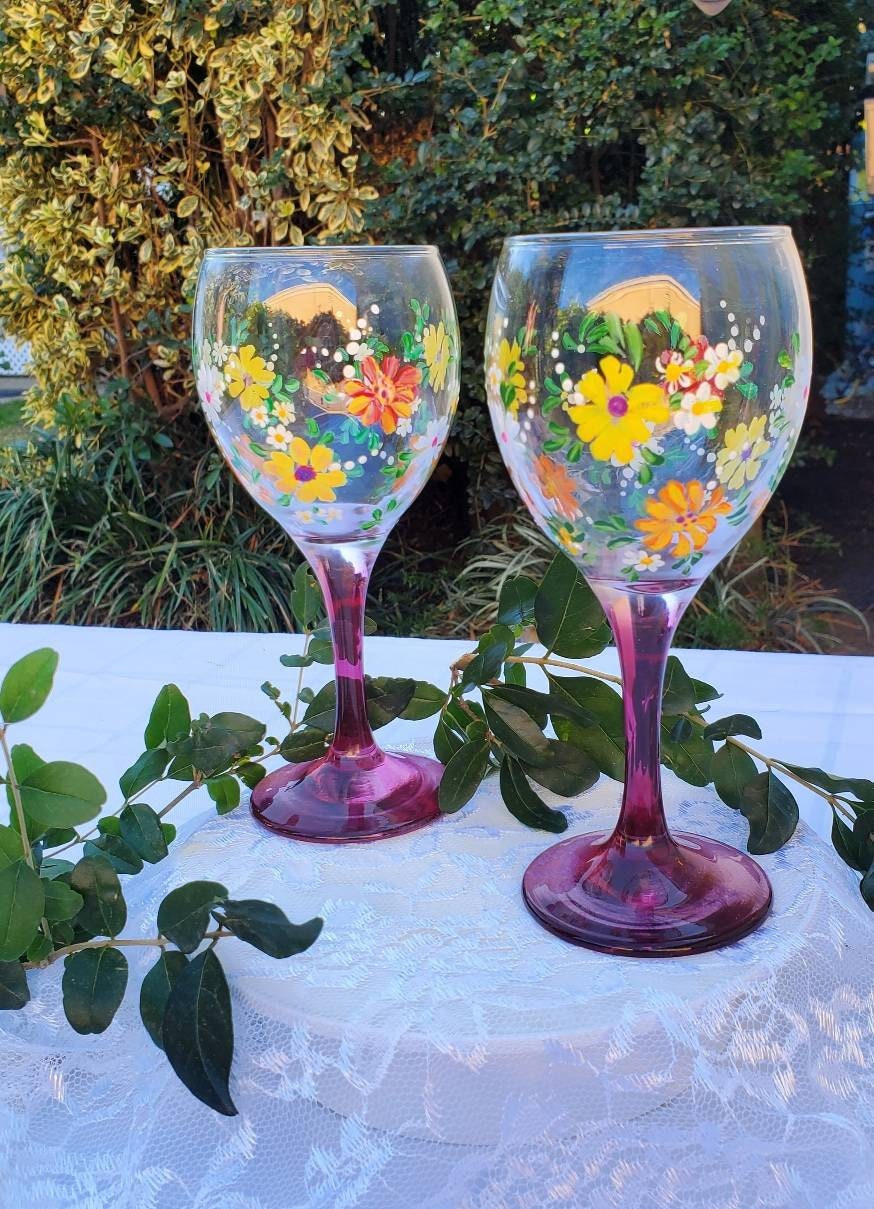 Hand Painted Lavender Stemmed Wine Glasses Set of 2 Purple Lavender Flower  and Pink Rose buds