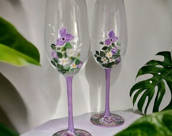 Painted Riedel Champagne Wine Glass set of two with roses and daisies, gifts for her, gifts for mom, Wedding Gifts, Painted Gift Ideas