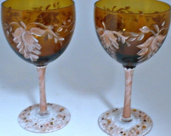 Vintage Amber Cocktail Glass set of 2, painted abstract leafy design with a colorful Swarovski crystal base, gifts for her, gifts for Mom