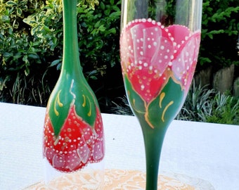 Painted Abstact flute set, red and green Champagne Wine glasses, festive dots and Swirl wine glasses, gift for her, unique wedding glasses