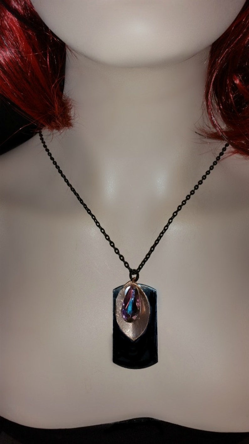 Bojo black metal Dog Tag Necklace, 3 layer oblong dog tag, copper leaf and Large Swarovski crystal teardrop, handcrafted Deco Art jewelry image 5