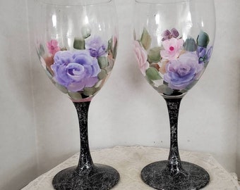 Set of two Painted Champagne Wine Glasses, pretty Rose Floral Glasses with silver and black marbled stems, gifts for her, gifts for wedding