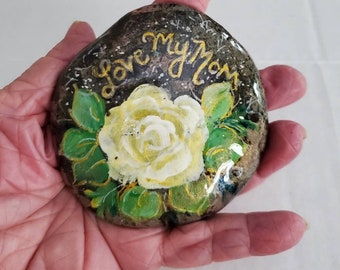 Painted Love my Mom stone, rose rock art, white rose and  endearment painted rock, rose paperweight, gifts for Mom, gifts of love rock