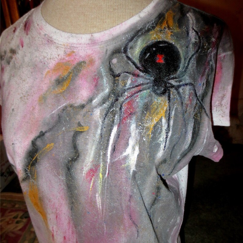 Hand Painted t shirt, Large Creepy Black Widow tee crawling on your shoulder, Funky Tie Dyed dripping Art Spider T shirt, gifts for teens image 2