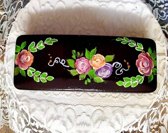 NEW..Handmade glass case, one left with painted Rose Bouquet on Dark Brown, gifts for grandma, gifts for her, Painted Romantic eyewear case