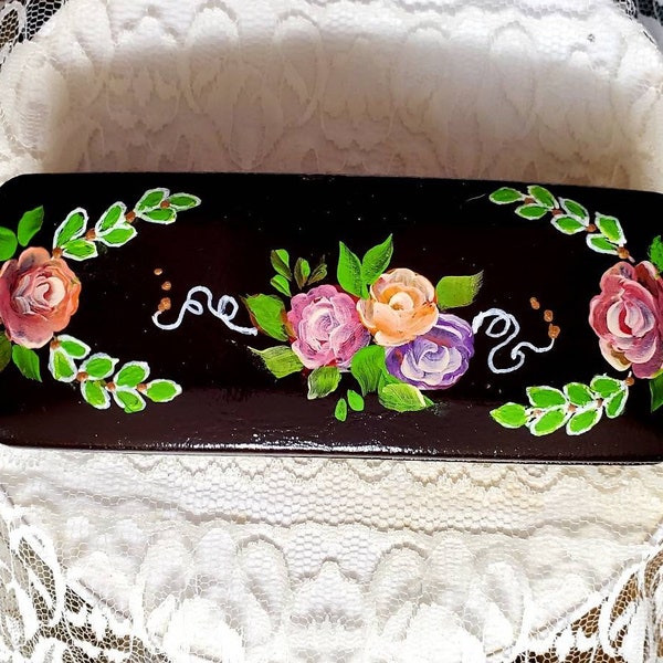 NEW..Handmade glass case, one left with painted Rose Bouquet on Dark Brown, gifts for grandma, gifts for her, Painted Romantic eyewear case