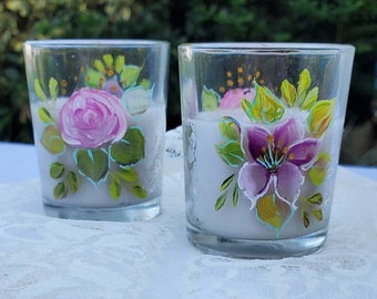 Shabby chic decor two small painted pink rose votives and candles, hand painted romantic floral clear glass votive set, gifts for her