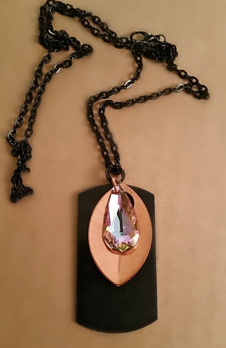 Bojo black metal Dog Tag Necklace, 3 layer oblong dog tag, copper leaf and Large Swarovski crystal teardrop, handcrafted Deco Art jewelry image 1
