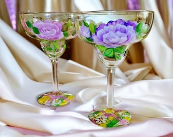 Set of two Painted Margarita Glasses with roses