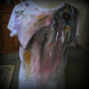 Hand Painted t shirt, Large Creepy Black Widow tee crawling on your shoulder, Funky Tie Dyed dripping Art Spider T shirt, gifts for teens image 3