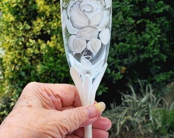 Painted Wedding or Anniversary White Satin Pearlized Roses and Pearls Crystal Champagne Flute, Vintage flute glass with scalloped stems