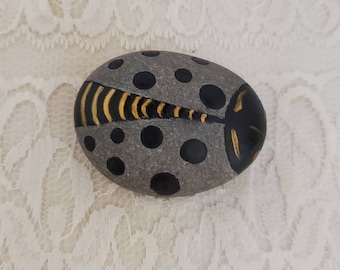 Painted Elegant Black Gray and Gold Ladybug Rock, hand painted ladybug Rock, ladybug paperweight. Ladybug shelf sitter, gift for children