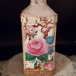 Painted crackled Shabby Chic pink rose bottle, wedding gifts, gifts for her, hand painted decorative liquor bottle, soft textured glassware